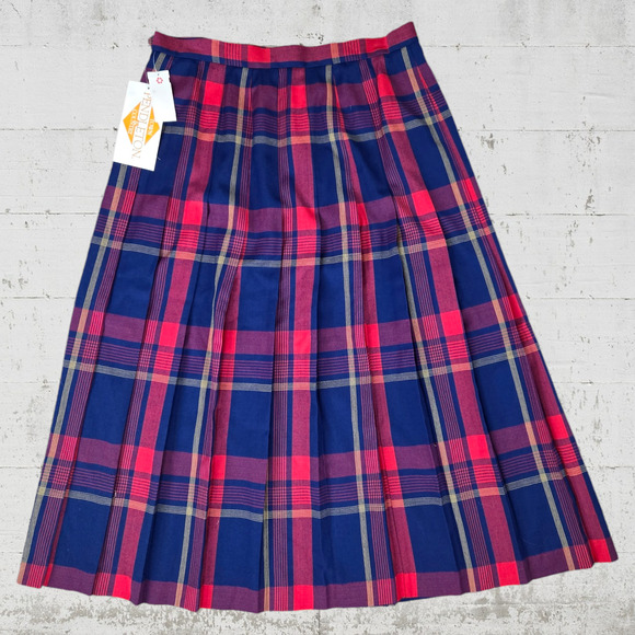 1970s Vintage Pendleton Red Navy Tartan Plaid Wool Midi Pleated Skirt Size 16 - Picture 6 of 7